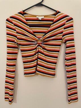 Topshop Striped Ring-Front Ribbed Long-Sleeve Top